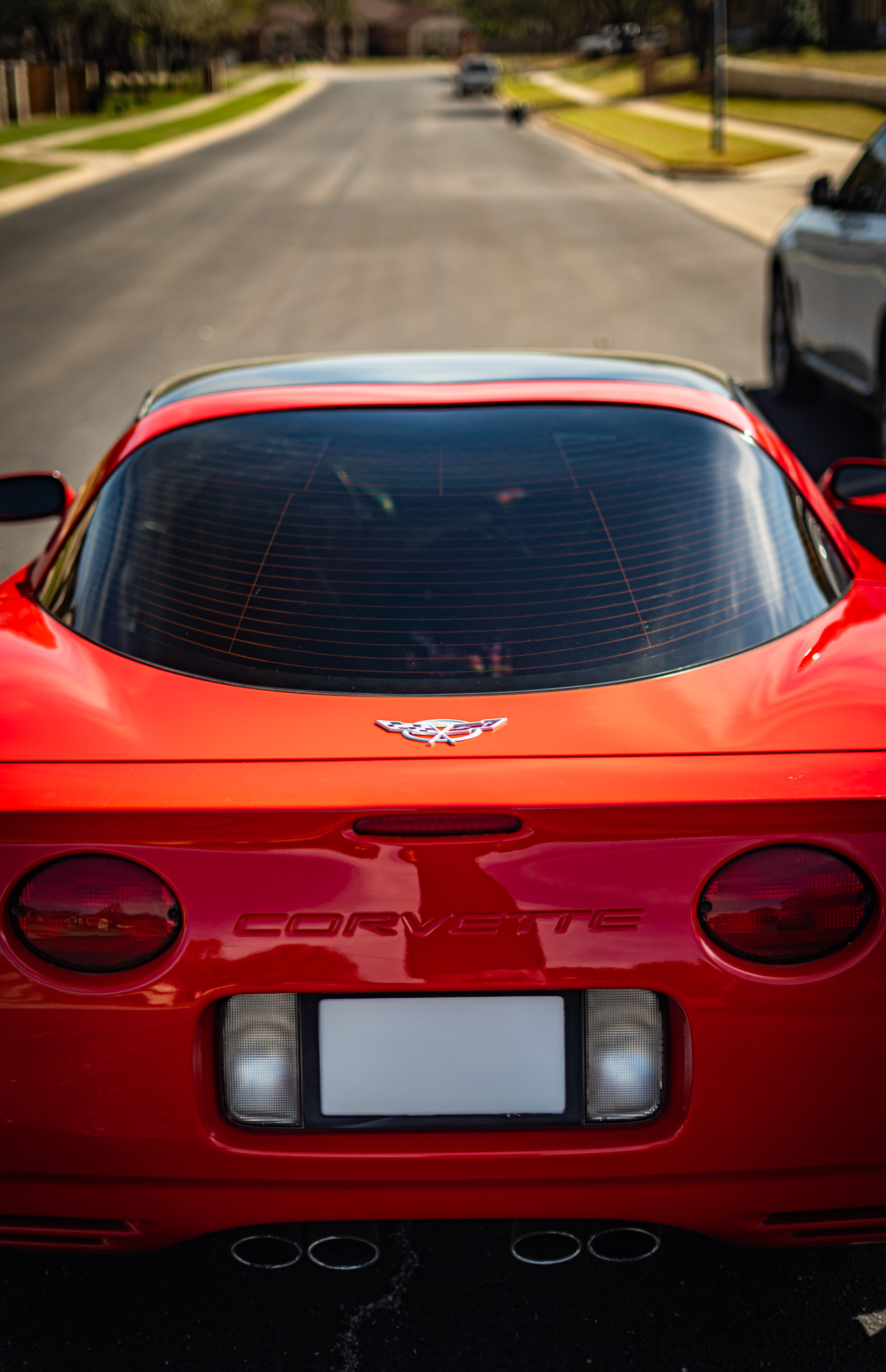 Window tint on red Chevrolet Corvette — rear view showing tinted back glass, Killeen TX
