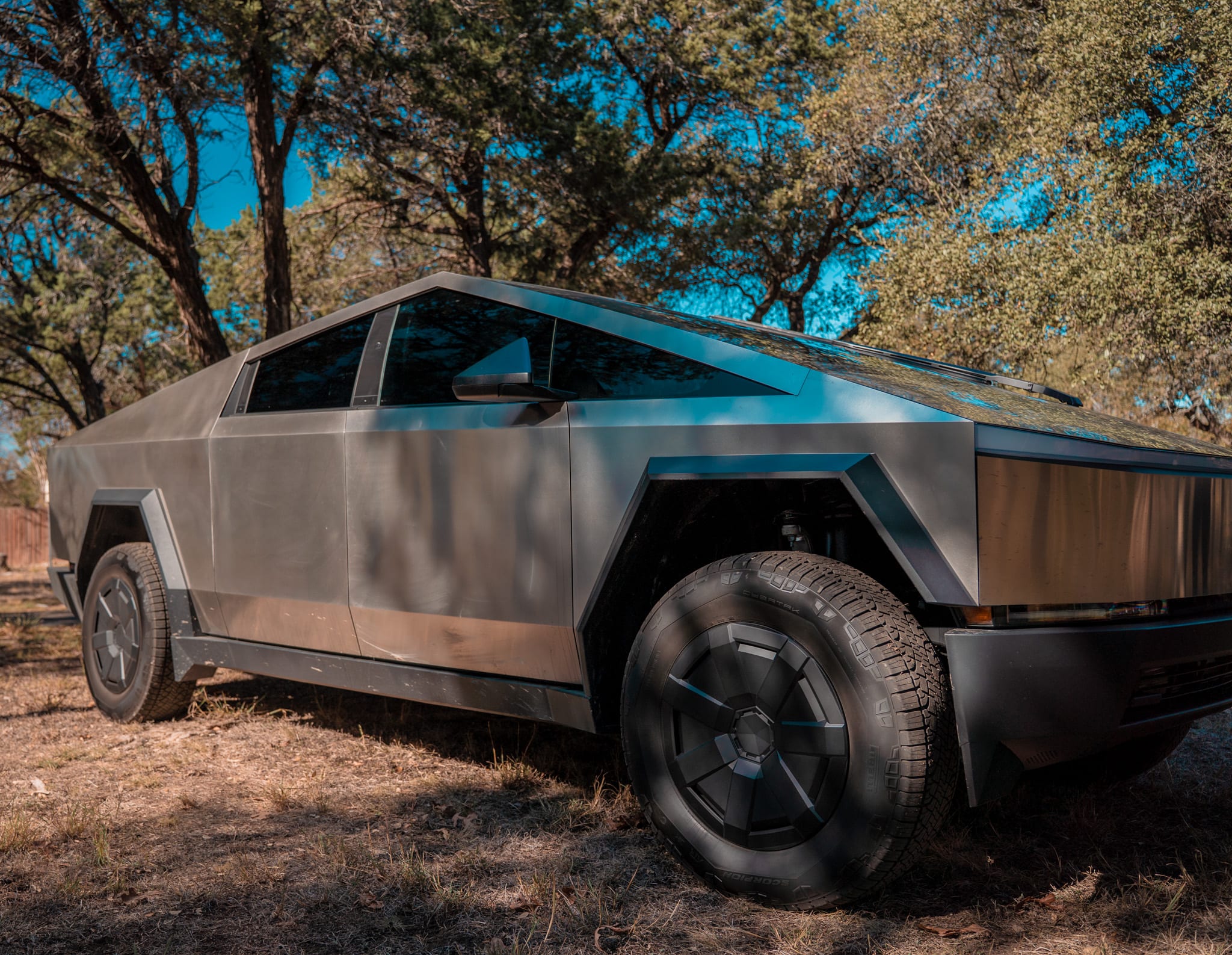 Window tint on a Tesla Cybertruck under oak trees